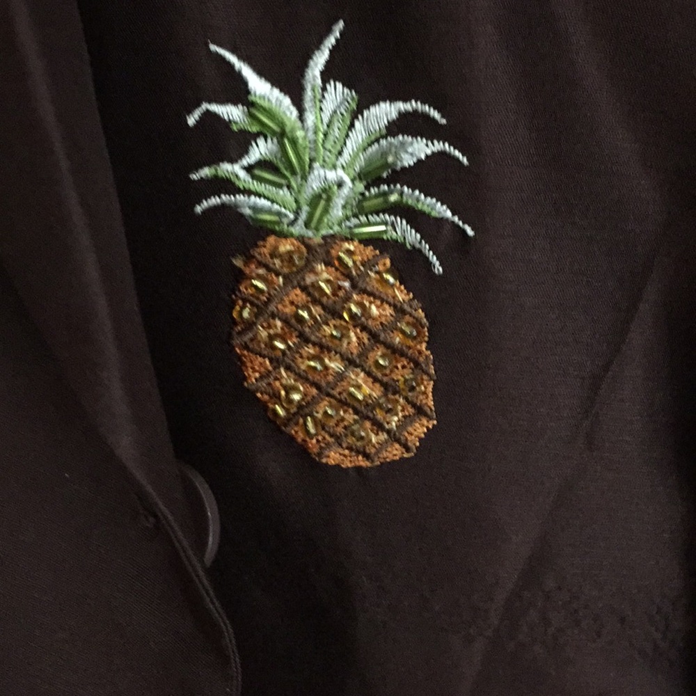 Silkland Brown Silk Top with Embroidered Beaded Pineapples Size 10 - Picture 6 of 15